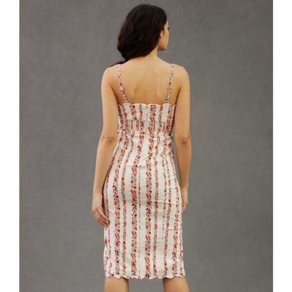 Anthropologie Slim Scalloped Corset Dress Floral Striped Belted Button Slit Midi - Picture 5 of 14